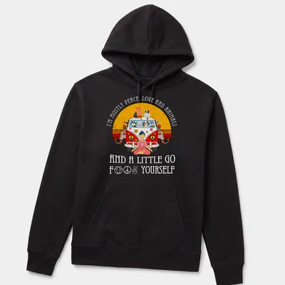 Colorful cartoon print of a hippie van with animals and a meditating person — printed on a unisex hoodie