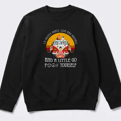 Colorful cartoon print of a hippie van with animals and a meditating person — printed on a unisex sweatshirt