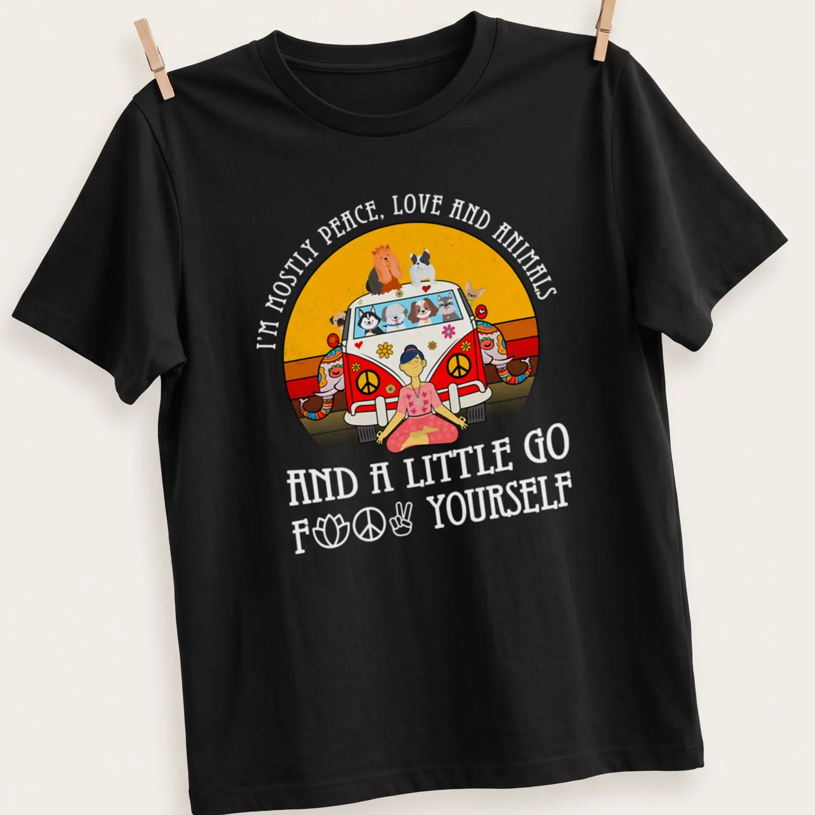 Colorful cartoon print of a hippie van with animals and a meditating person — printed on a unisex t-shirt