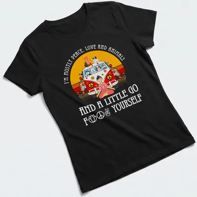 Colorful cartoon print of a hippie van with animals and a meditating person — printed on a women's shirt