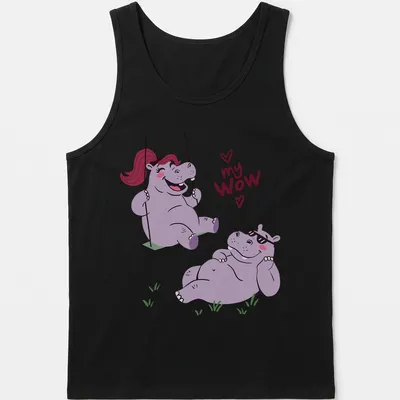 Kawaii cartoon of a hippo couple swinging with playful text 'my WOW' below — printed on a tank top