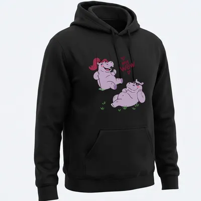 Kawaii cartoon of a hippo couple swinging with playful text 'my WOW' below — printed on a unisex hoodie
