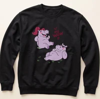 Kawaii cartoon of a hippo couple swinging with playful text 'my WOW' below — printed on a unisex sweatshirt