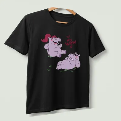 Kawaii cartoon of a hippo couple swinging with playful text 'my WOW' below — printed on a unisex t-shirt (angled view)