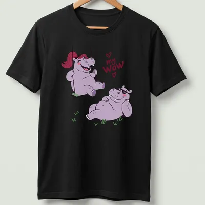 Kawaii cartoon of a hippo couple swinging with playful text 'my WOW' below