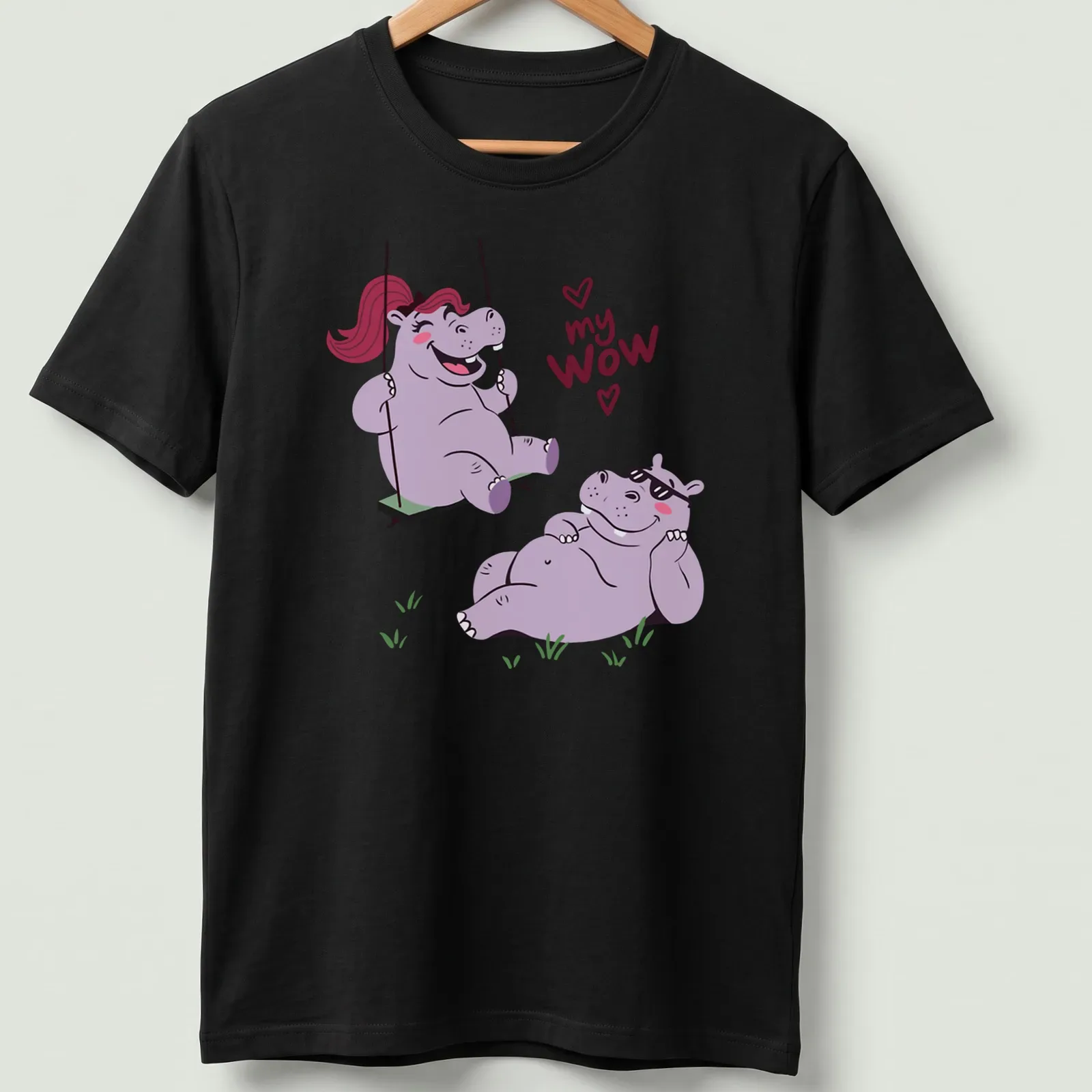 Kawaii cartoon of a hippo couple swinging with playful text 'my WOW' below — printed on a unisex t-shirt