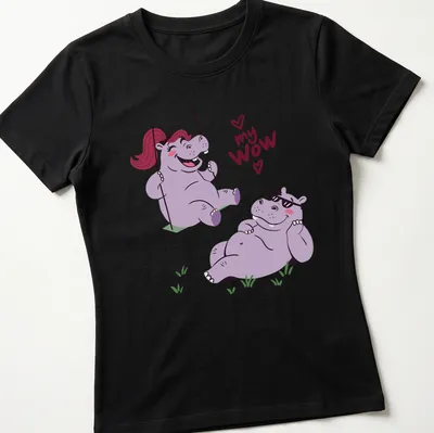 Kawaii cartoon of a hippo couple swinging with playful text 'my WOW' below — printed on a women's shirt