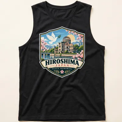 Vintage badge design depicting Hiroshima Peace Memorial with dove elements — printed on a tank top