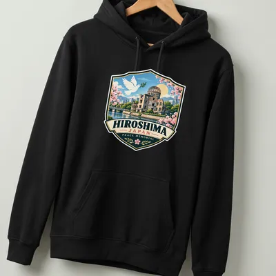 Vintage badge design depicting Hiroshima Peace Memorial with dove elements — printed on a unisex hoodie
