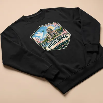 Vintage badge design depicting Hiroshima Peace Memorial with dove elements — printed on a unisex sweatshirt