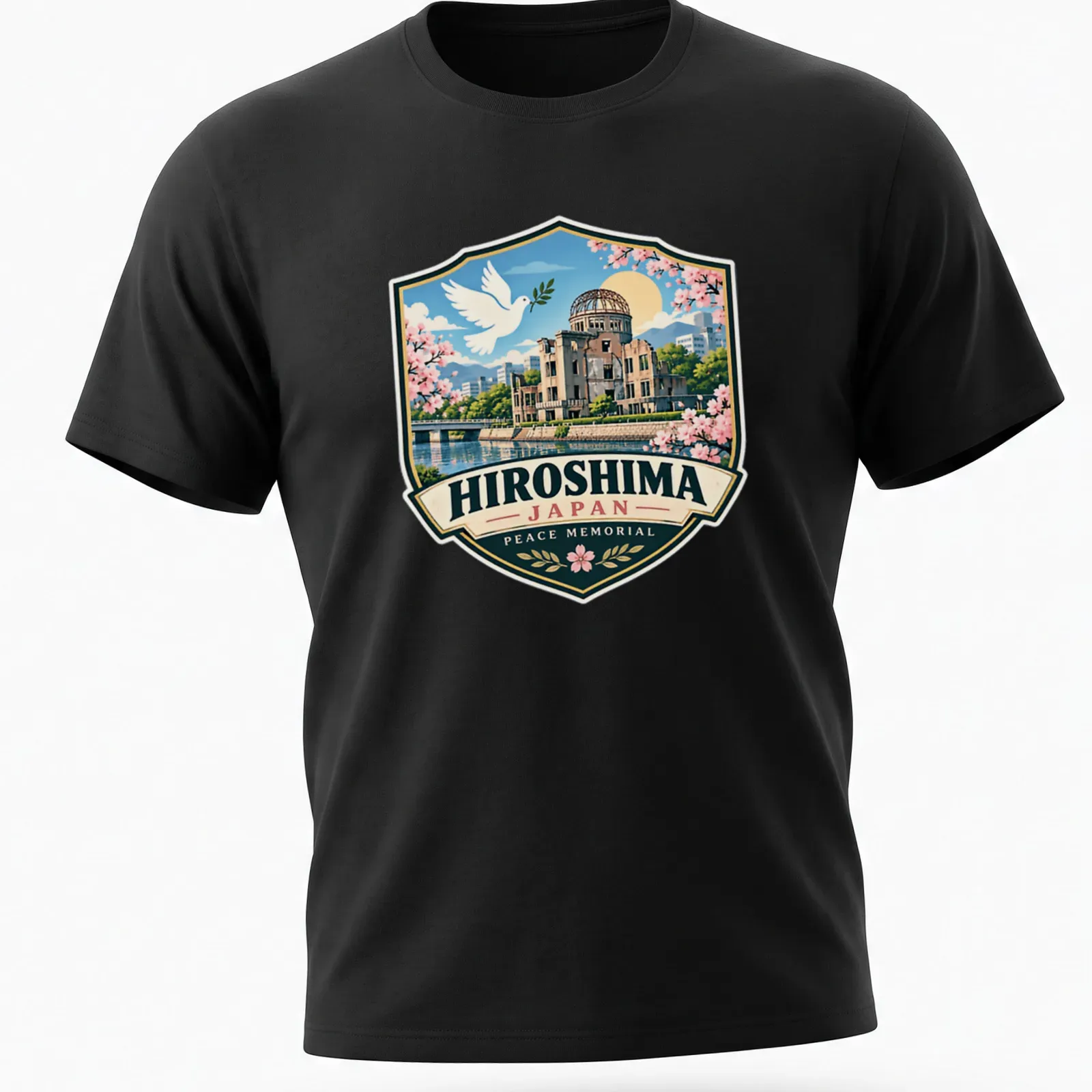 Vintage badge design depicting Hiroshima Peace Memorial with dove elements — printed on a unisex t-shirt