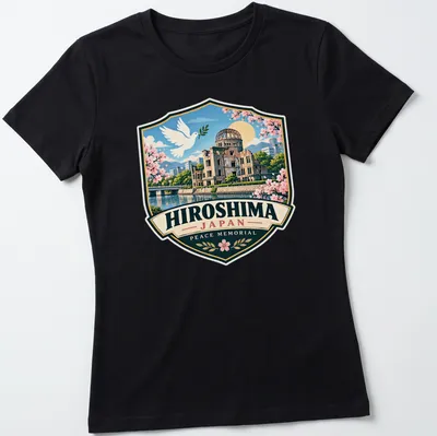 Vintage badge design depicting Hiroshima Peace Memorial with dove elements — printed on a women's shirt