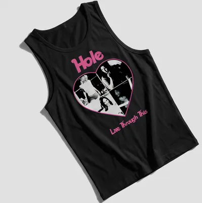 Vintage collage style t-shirt featuring Hole band with pink, black, and white colors. — printed on a tank top