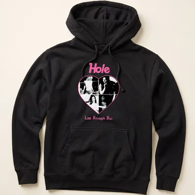 Vintage collage style t-shirt featuring Hole band with pink, black, and white colors. — printed on a unisex hoodie