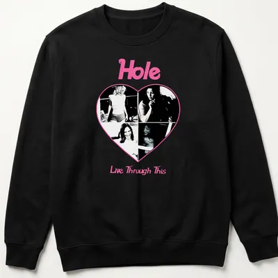 Vintage collage style t-shirt featuring Hole band with pink, black, and white colors. — printed on a unisex sweatshirt
