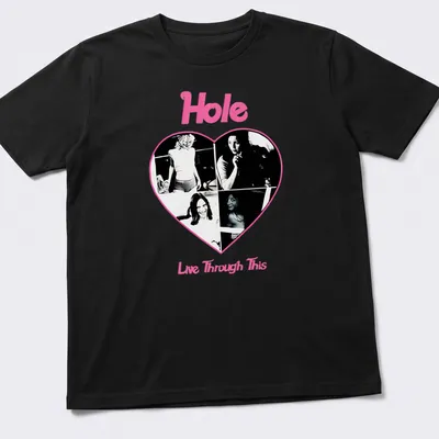 Vintage collage style t-shirt featuring Hole band with pink, black, and white colors. — printed on a unisex t-shirt