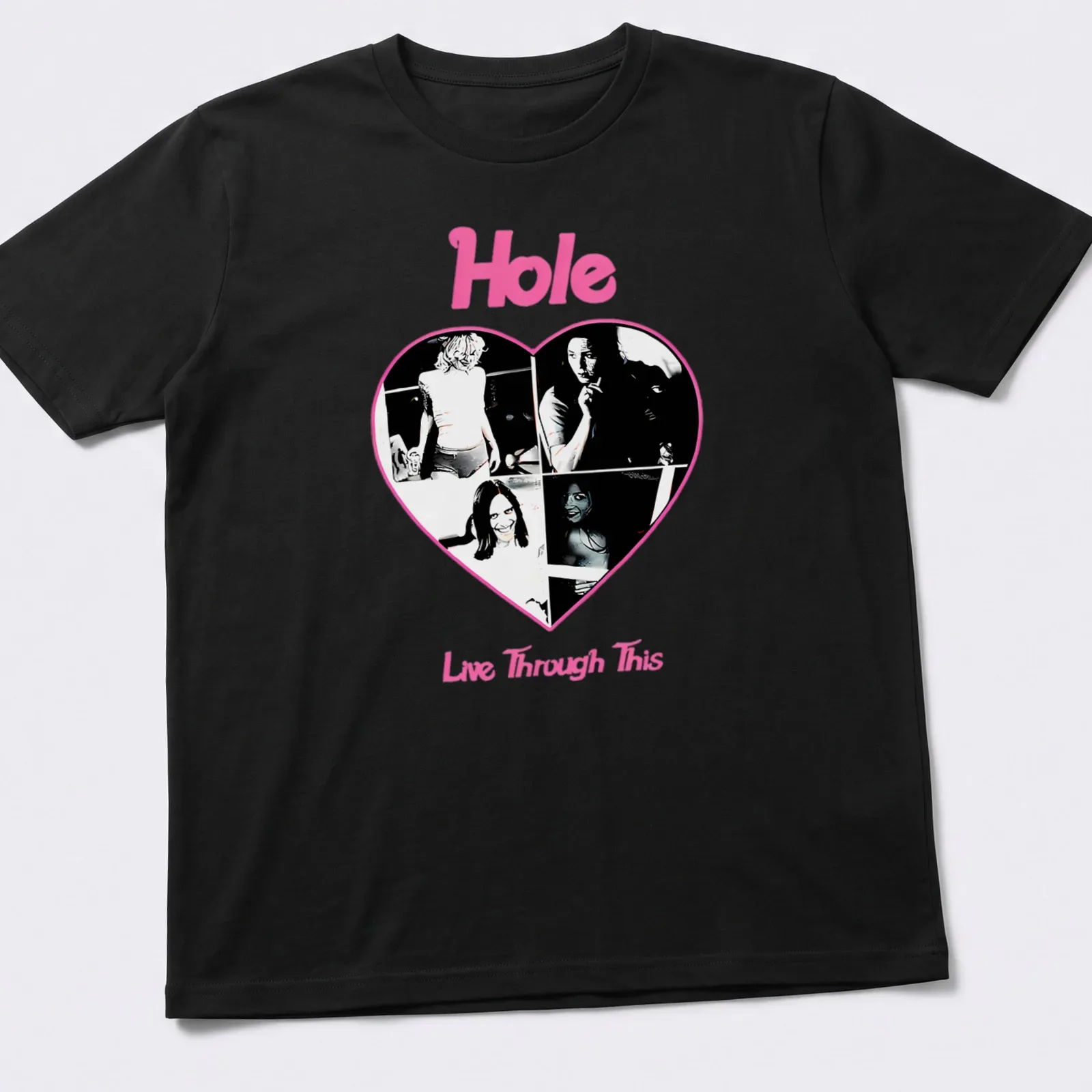 Vintage collage style t-shirt featuring Hole band with pink, black, and white colors. — printed on a unisex t-shirt