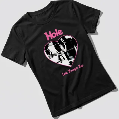 Vintage collage style t-shirt featuring Hole band with pink, black, and white colors. — printed on a women's shirt