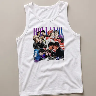 Illustration of two hockey players in action with bold colors and intense rivalry theme — printed on a tank top
