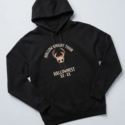 Vintage-style Hollow Knight Tour t-shirt with character illustration and text — printed on a unisex hoodie