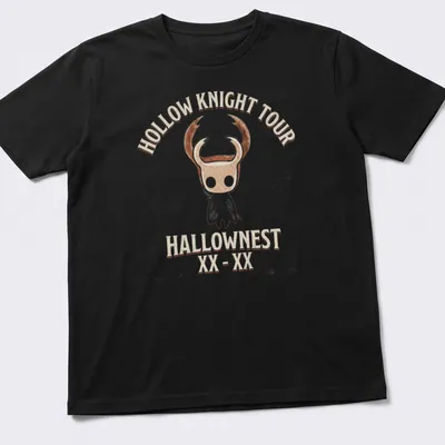 Vintage-style Hollow Knight Tour t-shirt with character illustration and text