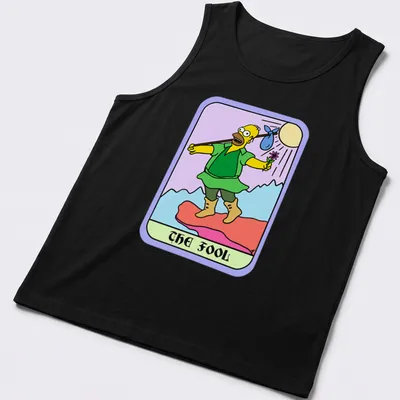 Cartoon design of Homer Simpson with text 'THE FOOL' in colorful print — printed on a tank top