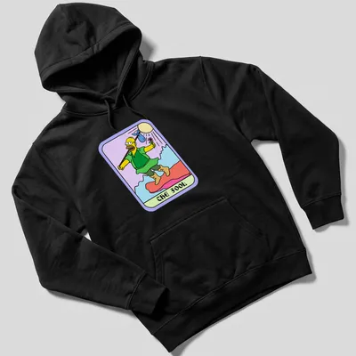 Cartoon design of Homer Simpson with text 'THE FOOL' in colorful print — printed on a unisex hoodie