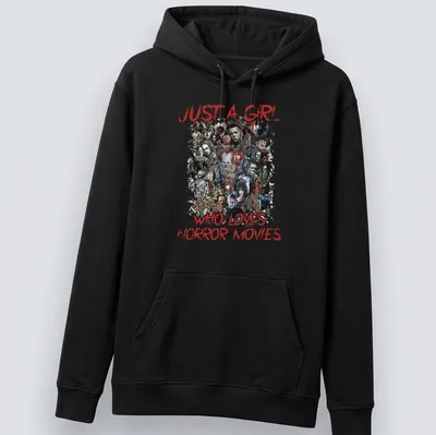 Collage of horror movie characters with text 'Just a Girl Who Loves Horror Movies' — printed on a unisex hoodie