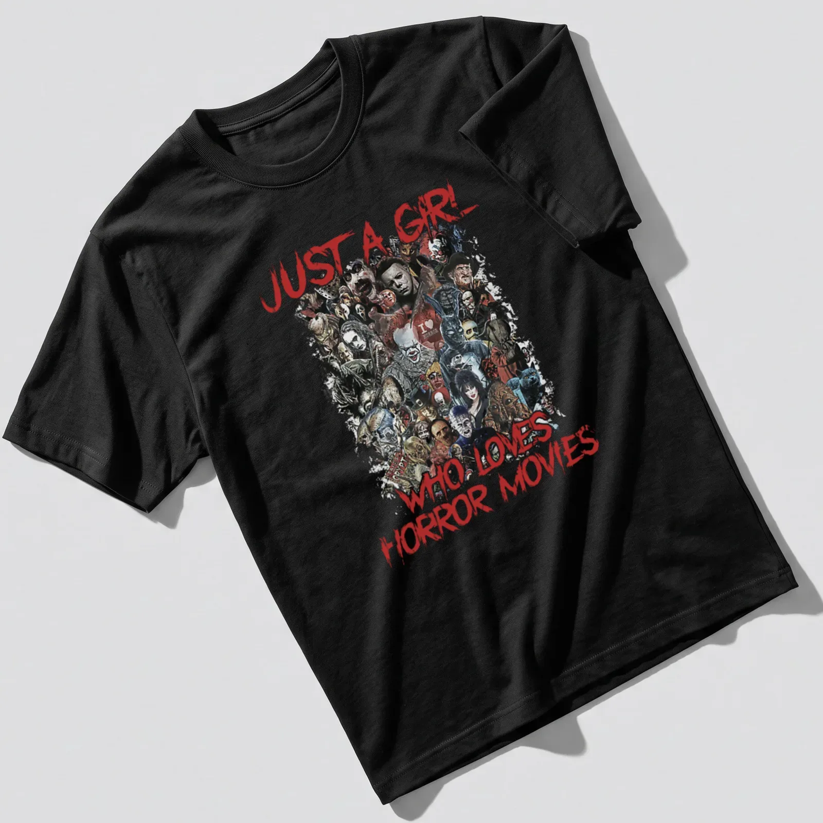 Collage of horror movie characters with text 'Just a Girl Who Loves Horror Movies' — printed on a unisex t-shirt