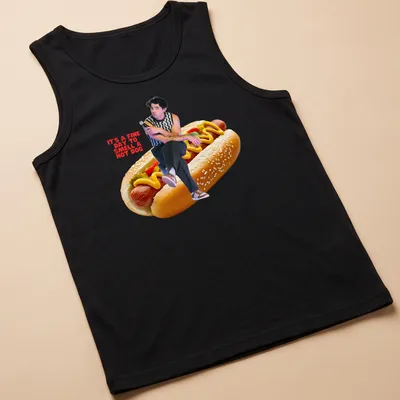 Playful hot dog illustration with humorous text in vibrant colors — printed on a tank top