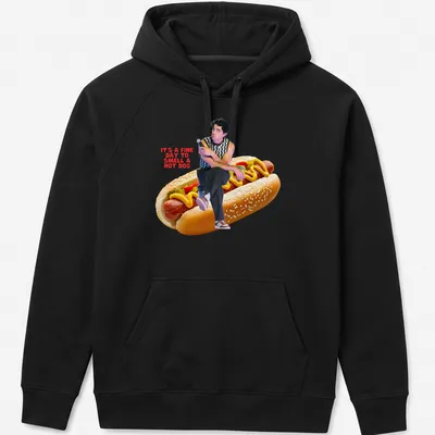 Playful hot dog illustration with humorous text in vibrant colors — printed on a unisex hoodie