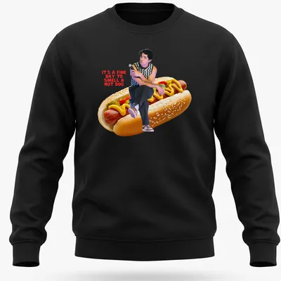 Playful hot dog illustration with humorous text in vibrant colors — printed on a unisex sweatshirt