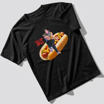 Playful hot dog illustration with humorous text in vibrant colors