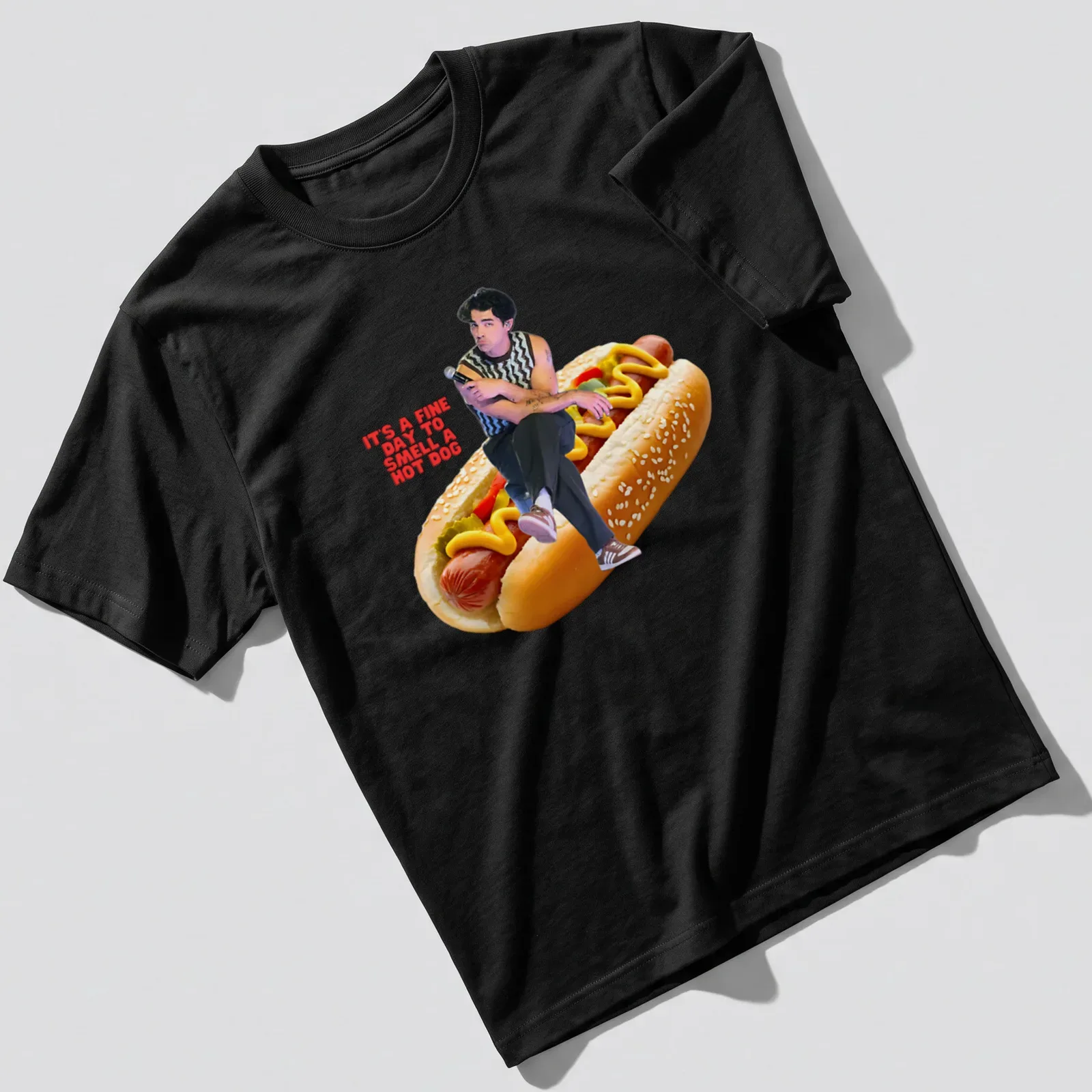 Playful hot dog illustration with humorous text in vibrant colors — printed on a unisex t-shirt