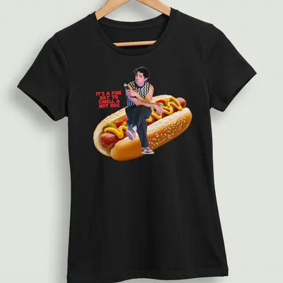 Playful hot dog illustration with humorous text in vibrant colors — printed on a women's shirt