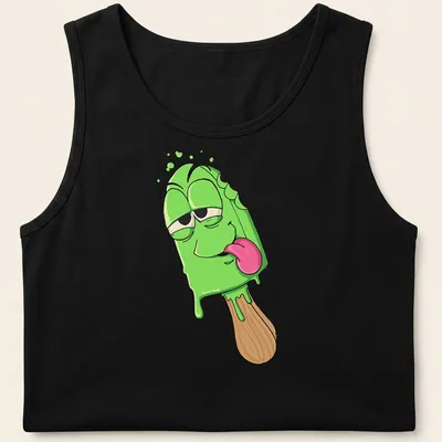 Cartoon ice cream pop graphic with text 'Melted And Baked' in fun colors — printed on a tank top