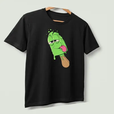 Cartoon ice cream pop graphic with text 'Melted And Baked' in fun colors — printed on a unisex t-shirt (angled view)