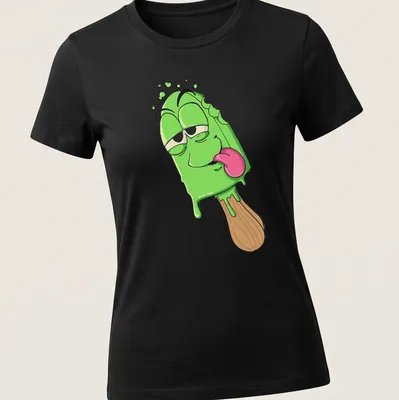 Cartoon ice cream pop graphic with text 'Melted And Baked' in fun colors — printed on a women's shirt