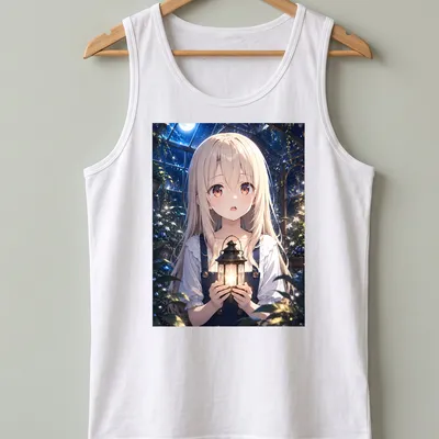 Anime illustration of Illyasviel Von Einzbern holding a lantern in a moonlit greenhouse — printed on a tank top
