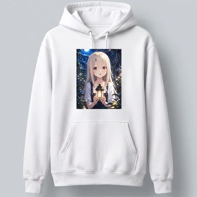 Anime illustration of Illyasviel Von Einzbern holding a lantern in a moonlit greenhouse — printed on a unisex hoodie