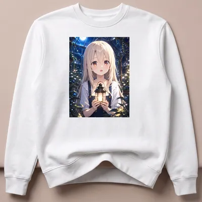 Anime illustration of Illyasviel Von Einzbern holding a lantern in a moonlit greenhouse — printed on a unisex sweatshirt