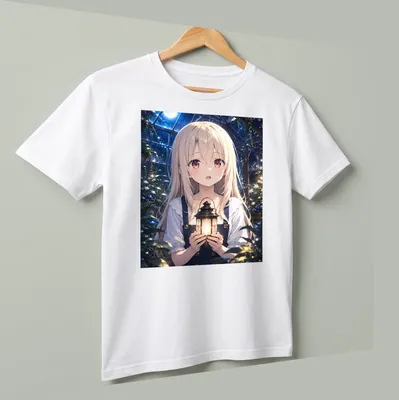 Anime illustration of Illyasviel Von Einzbern holding a lantern in a moonlit greenhouse — printed on a unisex t-shirt (angled view)