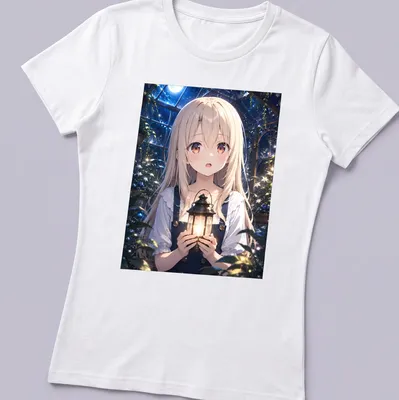 Anime illustration of Illyasviel Von Einzbern holding a lantern in a moonlit greenhouse — printed on a women's shirt