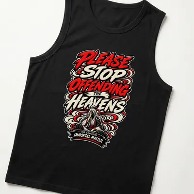 Bold graphic of an exhausted immortal master with colorful text — printed on a tank top