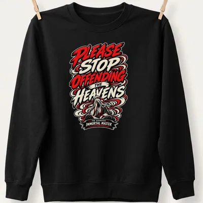 Bold graphic of an exhausted immortal master with colorful text — printed on a unisex sweatshirt