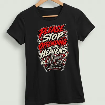 Bold graphic of an exhausted immortal master with colorful text — printed on a women's shirt