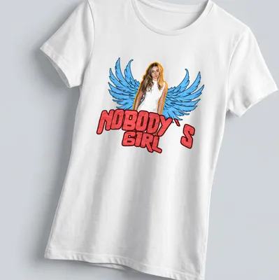 Vintage-style t-shirt featuring a woman with wings and the text 'Nobody's Girl' in bold lettering. — printed on a women's shirt