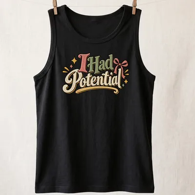 Playful retro t-shirt with the text 'I Had Potential' in green, pink, yellow, and cream. — printed on a tank top