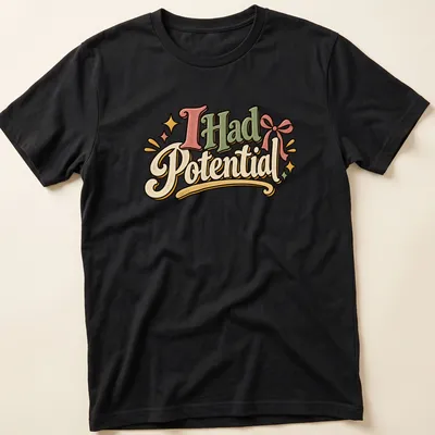 Playful retro t-shirt with the text 'I Had Potential' in green, pink, yellow, and cream. — printed on a unisex t-shirt