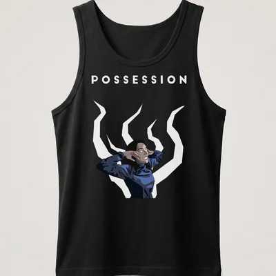 Digital illustration of Isabelle Adjani with POSSESSION text in blue and white — printed on a tank top